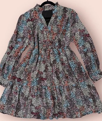 Womens XL Multicolor Floral Tiered Mini Dress Long Sleeve Lined V-Neck Boho Chic - Image 1 of 4