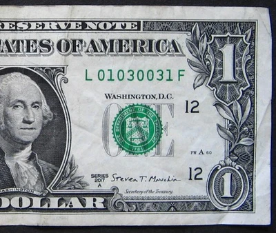 2017A $1 (ONE DOLLAR) - NOTE - FANCY SERIAL NUMBER - TRINARY, LOW SUM - Image 1 of 3