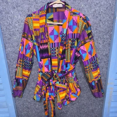 Chaqueta Hecha a Mano Estampado Maximalista Talla M Brillante Ankara Bata con Cinturón Estilo por Le Sew Foto 1 de 4