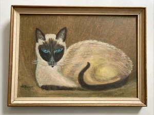 Vintage Ölgemälde stilisiert Siamkatze signiert gerahmt Bloomsbury Look 60er - Bild 1 von 8