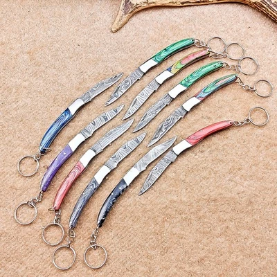 LOT OF 10 PC Handmade Damascus Steel Pocket Folding Knives – W/Keychain IT-3001 - Image 1 of 4