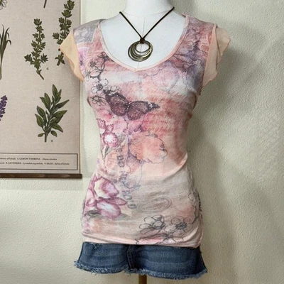 Camiseta De Colección Años 90 Y2k Floral Mariposa Tachonada Hada Grunge Caprichosa McBling Boho M Foto 1 de 4