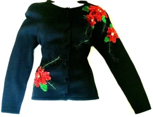 Tiara International Womens Sweater Petite Small Sequin Poinsettia Christmas - Picture 1 of 11