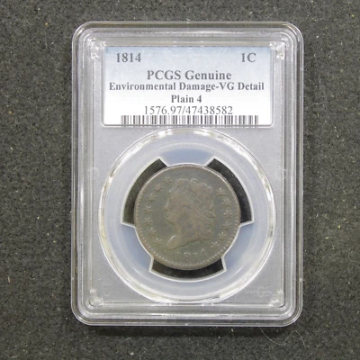 1814 Classic Head Large Cent - Plain 4 - PCGS "Environmental Damage - VG Detail" - Image 1 of 2