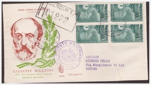 FDC VENETIA CLUB 1955 - MAZZINI PA 100 LIRE QUARTINA TRAVELED RACC. - Picture 1 of 1