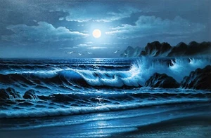 Night Ocean #5C-BNO-6, 24x36, 100% Hand Painted Oil Painting on Canvas, - Picture 1 of 6