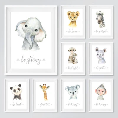 Safari Animal Baby Nursery Posters Prints Children's Bedroom Wall Art Pictures