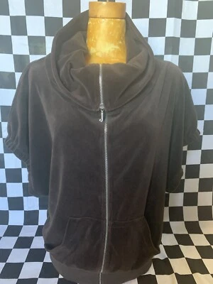 JUICY COUTURE логотип коричневый толстовка велюр рубашка с коротким рукавом капот V шеи sz M - Изображение 1 из 4