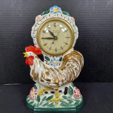 UNITED CLOCK CO Ceramic Rooster Mantel Clock Electric Self Start Works USA VTG Cover