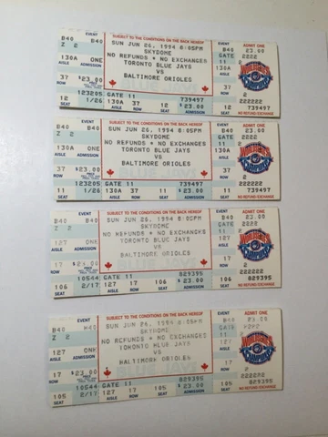 1994 Toronto Blue Jays baseball 4 unused game tickets Cover