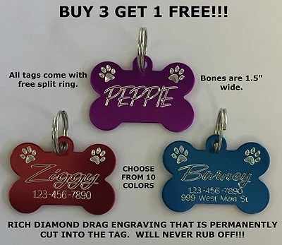 CUSTOM ENGRAVING SERVICES Custom Engraved Bone Paw Print Pet Tag Dog Cat ID Name Animal - 10 COLORS