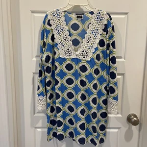 Mud Pie Swimsuit Cover Up Aqua Lime Green Navy Large White Lace 3/4 Sleeves - Picture 1 of 6