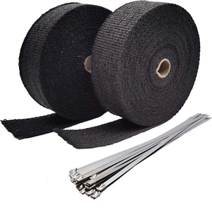 Black Fiberglass Exhaust Header Heat Wrap 2" X 50' with 10Pcs 11.8 Inch Stainles - Picture 1 of 6