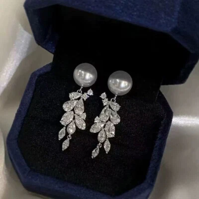 elegant pair of 9-10mm south sea white pearl dangle earring 925s(t) - Image 1 of 3