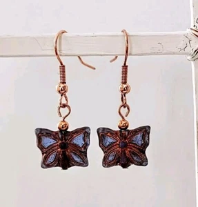 Handmade Blue w/Copper Dainty Butterfly Czech Glass Earrings, Butterfly Earrings - Picture 1 of 12