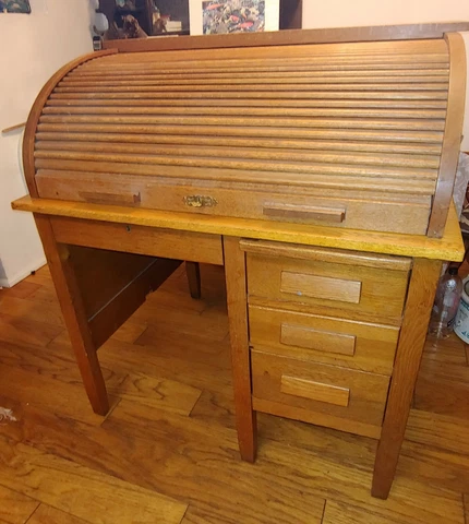 Antique Author's Roll Top Desk Vintage Oak Solid Wood Cover