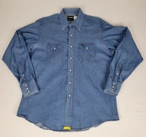 Wrangler Shirt Men XL Blue Denim Pearl Snap Western Cowboy Long Tail USA Vintage - Picture 1 of 13