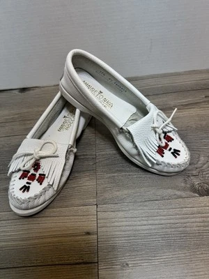 Minnetonka Mocasines de Cuero Blanco Con Cuentas Thunderbird Zapatos Para Mujer Talla 6.5 Foto 1 de 4