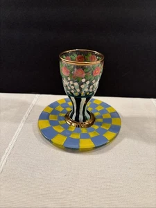 Mackenzie Childs CIRCUS Roses Checks Glass Egg Cup Under Plate 3 1/2” T 3 3/4” D - Picture 1 of 4