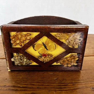 Vtg acrylic lucite Recipe Card Holder Butterfly Seeds Corn Clear Brown Trim 70s - Image 1 of 4