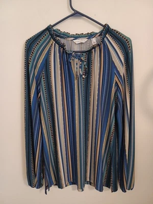Top túnica tejido pulóver Susan Graver M azul a rayas manga larga informal Lagenlook  Foto 1 de 4
