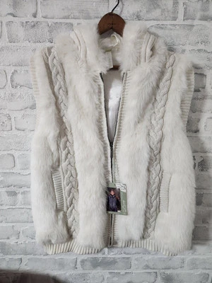 GREEN TEA Hooded Sweater Faux Fur Vest Ivory W/Pockets, Zipper Size Large NWT  - Image 1 of 4