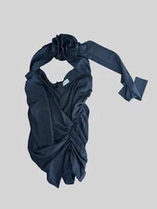 Top smanicato Magda Butrym nero misto seta drappeggio taglia UK6/US2 - Foto 1 di 4