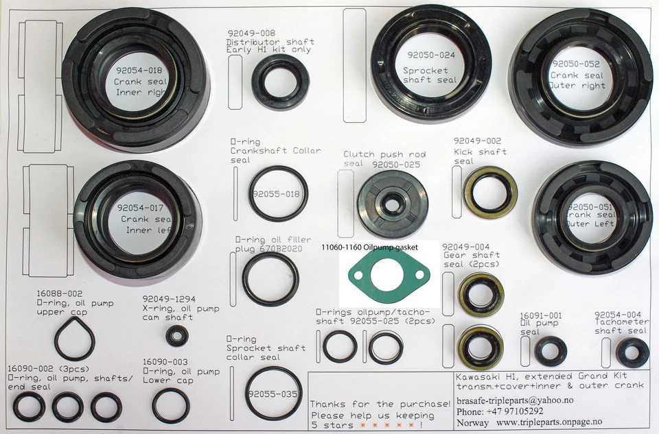 Kawasaki 500 H1/A/B/C/D/E  24pcs Oil Seal Kit Transmission Cover crankshaft eng. - Imagen 1 de 1