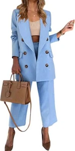 Women Office Work Blazer Pant Suit Set Double Breasted 2 Piece Business Suit - Picture 1 of 27