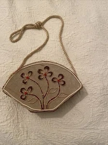Vintage Beaded Beige Fan Shaped Purse Beaded Rope Handle Plush Inside Flowers - Picture 1 of 15