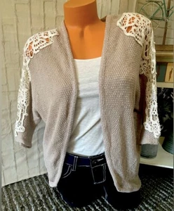 American Rag Jrs. Taupe Crochet Sleeve Cardigan Sweater M NEW - Picture 1 of 4