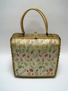 Vtg Midas of Miami Large Metallic Gold Wicker & Beaded Tapestry Bag - Picture 1 of 11