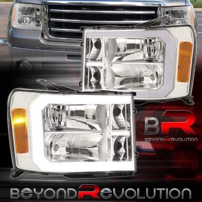 For 2007-2014 GMC Sierra Chrome LED DRL Bar Headlight Assembly Amber Signal Lamp — 第 1/4 张图片