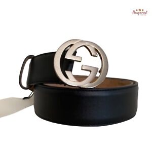 Authentic Gucci Black Calfskin Leather Silver Interlocking G Buckle Belt 75/30