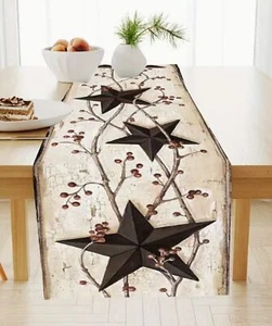 Table Runner 13x72in Woven Polyester Rustic Farmhouse Star & Vine - Picture 1 of 3
