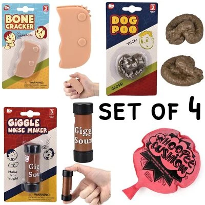 SAVE A BUCK ENTERPRISES, LLC 4 Assorted Gag Joke Prank Gifts - Whoopee, Bone Cracker, Dog Poop, Giggle Noise