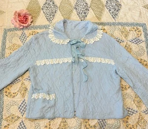 Vintage 1950s Bed Jacket Baby Blue Lace Tie Bow Quilted Top 50s Womens Size 38 - Picture 1 of 10