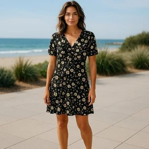 Vestido LC Lauren Conrad Para Mujer Pequeño Negro Floral Manga Corta Acanalado Línea A Talla S - Imagen 1 de 11