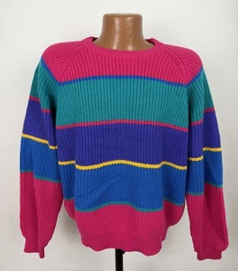 Vintage 80er Skipullover Herren Large Fuchsia Pink Farbblock Rugby Streifen Preppy - Bild 1 von 16