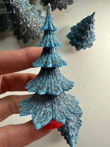 4.5” Vintage Christmas Putz Village Tree Blue Hard Plastic Mica Glitter - Picture 1 of 5