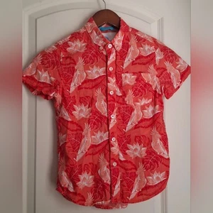 Boys Mini Boden Red Tropical Parrots Summer Shirt Sz 8/9 Mint Beach - Picture 1 of 8