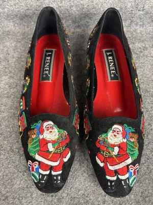 Vintage J Renee Shoes Womens Size 6.5 Black Santa Embroidered Xmas Flats Box 90s - Image 1 of 4