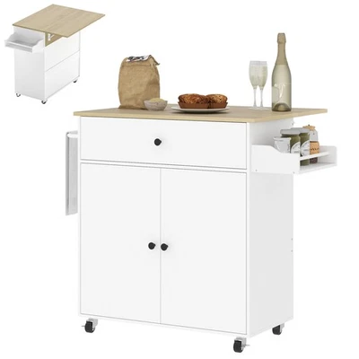 HOMCOM Kitchen Island with Drop Leaf, Rolling Kitchen Storage Trolley, White - Image 1 of 4