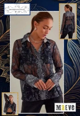 Blusa Anthropologie Maeve Floral Encaje L/S Azul Marino Oscuro/Metálico Talla Pequeña NUEVA CON ETIQUETAS Foto 1 de 4