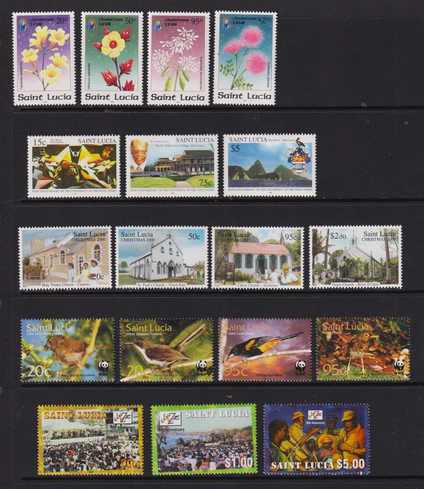 Сент-Люсия - 5 новых, без наклеек и следов наборов - Рождество, птицы, джаз - кошка. $33,50 - Изображение 1 из 1