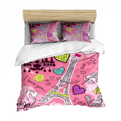 Eiffel Tower Loving Heart Twin/Full/Queen/King Bed Duvet/Quilt Cover Set Linen - Photo 1/2