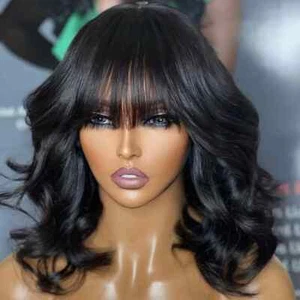 Glueless Body Wave Bob Wig with Bangs - Brazilian Remy Human Hair for Women - Picture 1 of 6