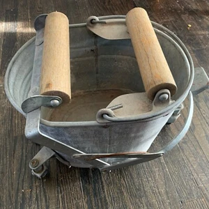 Vtg White Wringer Mop Pail Galvanized Bucket w/Wooden Rollers And Casters - Picture 1 of 4