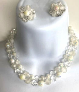 West Germany Clear Aurora Art Milk Glass Double Strand Bead Necklace Earring Set - Picture 1 of 7
