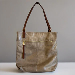 HOBO Gray & Brown Leather Tote Satchel Shoulder Bag Purse Boho Lennon - Picture 1 of 13